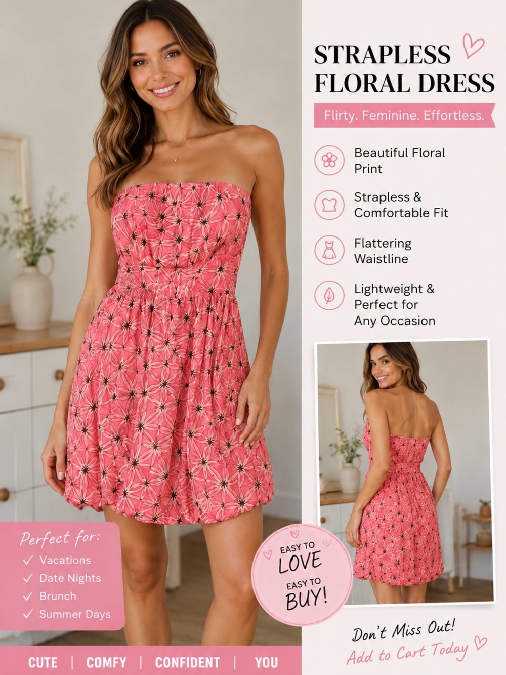 Strapless Pink Floral Dress - Flirty Summer Dress milly sz 6